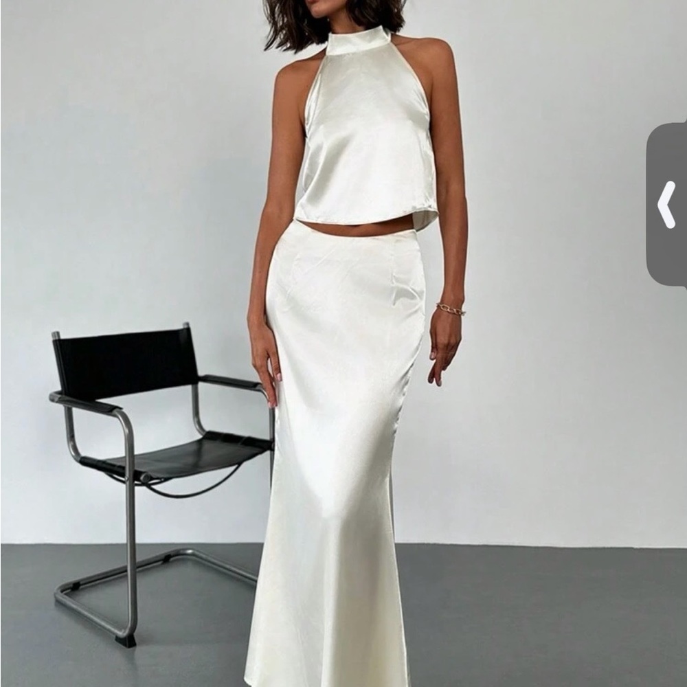Satin White Maxi Skirt And Top - Elegant High-Waist Silhouette